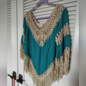 Dreamers Pullover Kimono Turquoise With Beige Crochet Fringe Trim Size Large